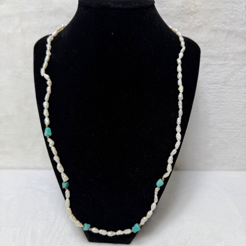 Lucoral White Rice Pearl and Turquoise Nugget Beaded Necklace Beachy Coastal